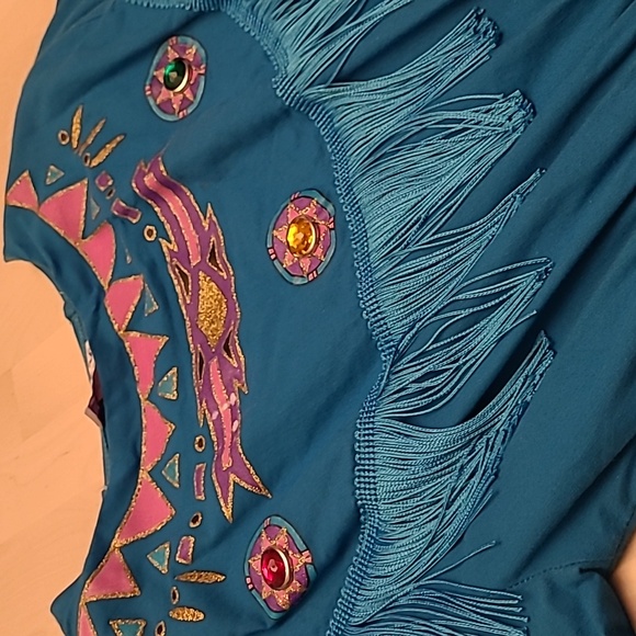 VTG 1980s SASSA Bold Bright Blue Gemstone Westernwear Fringe Dress with Pockets - Picture 13 of 17